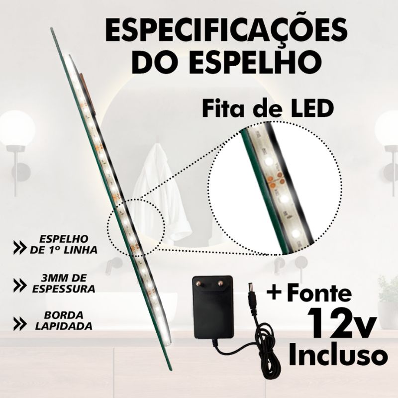 Espelho Redondo 60cm Com Iluminação LED