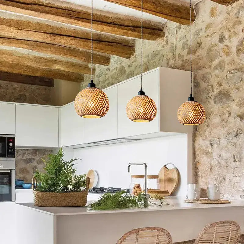 Lustre Pendente Artesanal de Malha de Bambu
