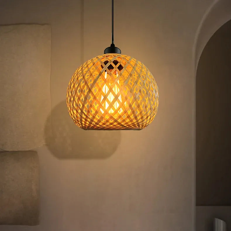 Lustre Pendente Artesanal de Malha de Bambu