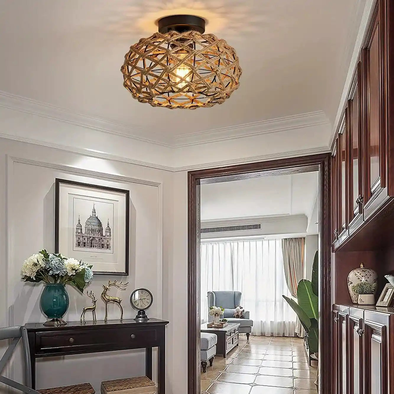 Lustre de Teto Rústico de Corda de Cânhamo