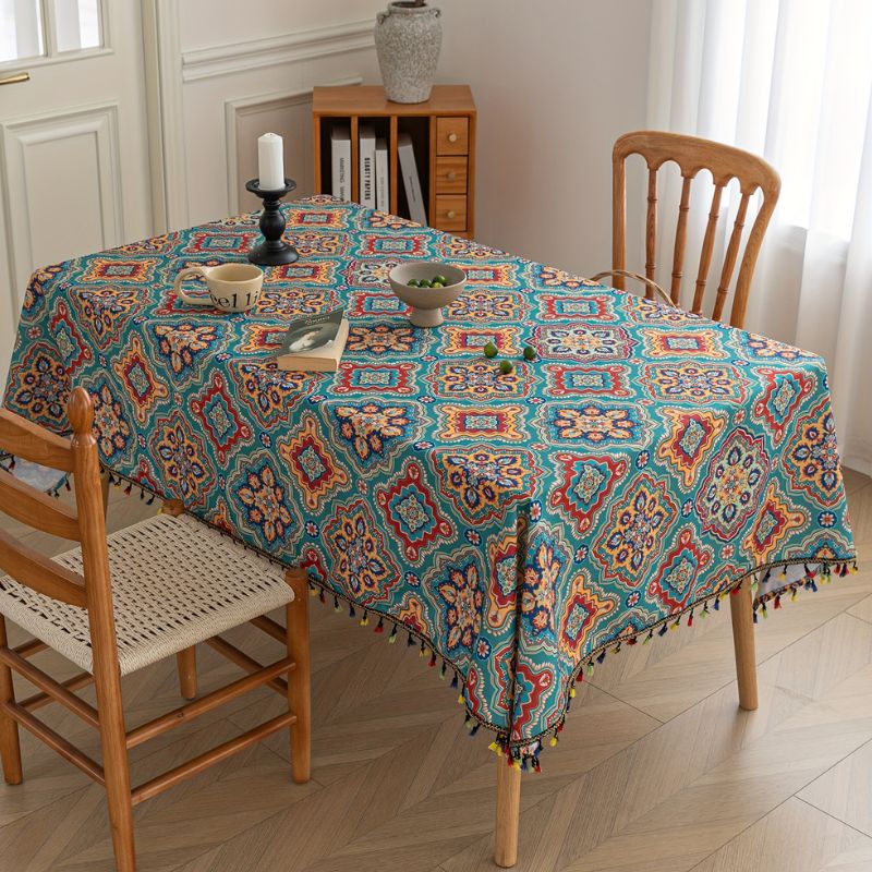 Toalha_de_Mesa_Azul_Boemia_com_Borlas_e_Estampados_Geometricos_1